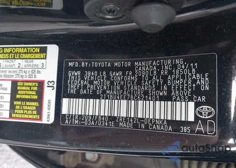2011 Toyota Corolla Le from USA, damaged, VIN 2T1BU4EE7BC621401